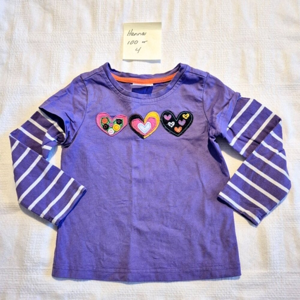 Hanna Andersson girls size 100 or 4 purple & white long sleeve 3 hearts shirt